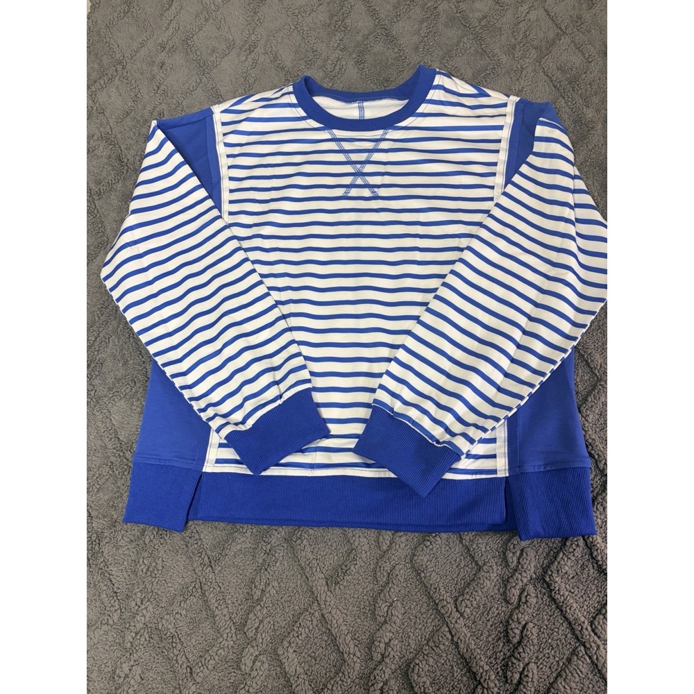 Womens Oversized Waffle Knit Pullover Blue Striped Thermal Top Side Slit Size L